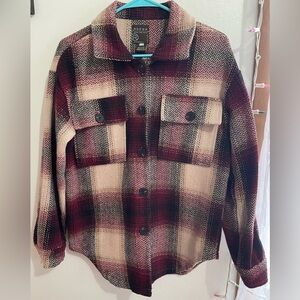 Burgundy and Cream Plaid Shirt Jacket